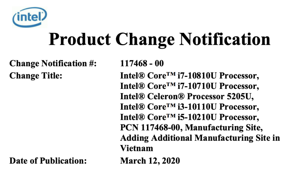 Intel 10. generacji tabela nazw
